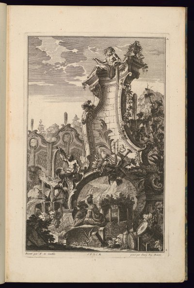 楽器のトロフィーと噴水のデザイン 作： François de Cuvilliés the Elder