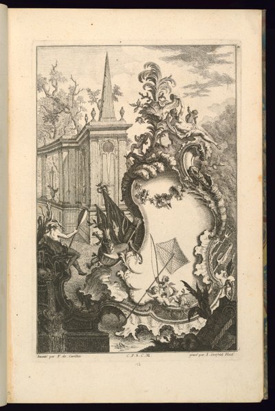2 つのプッチと漁網を備えた噴水のデザイン 作： François de Cuvilliés the Elder