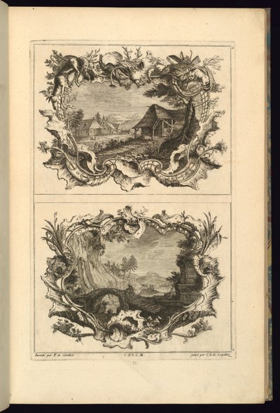 2 つのカルトゥーシュの設計 作： François de Cuvilliés the Elder