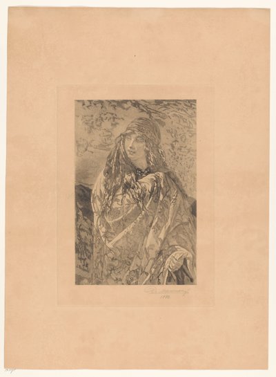花柄のショールを持つ若い女性 作： François de Meersman (signed by artist)
