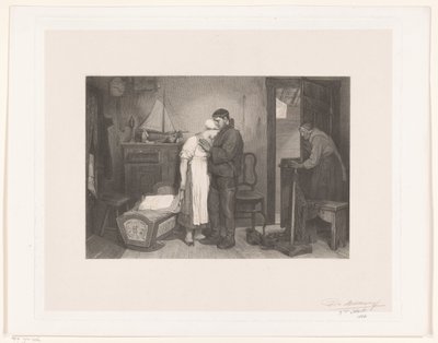 空のゆりかごの近くに悲しむカップルがいる漁師のインテリア 作： François de Meersman (signed by artist)