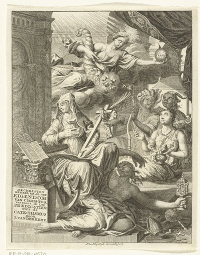 とりわけ、真実と美徳と悪徳の女性の擬人化によるアレゴリー タイトルページ: Johannes van der Kemp, 生と死において完全にキリストの所有物であるキリスト教徒, 作： François van Bleyswijck