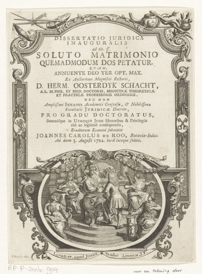 ミネルバ・ラウヴェルト・シュライバー タイトル: Johannes Carolus de Roo, Dissertatio juridica inauguralis, ad tit. ff。 結婚が解消された後、持参金がどのように要求されるか、1722 作： François van Bleyswijck