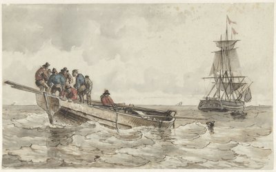 帆船の近くで手漕ぎボートに乗った 8 人の男性 作： Frans Arnold Breuhaus de Groot