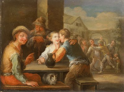 求愛カップルを笑う乞食 (オイル) 作： Frans Christoph Janneck