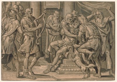 1555年、ソールの前でハープを弾くデビッド。 作： Frans Floris