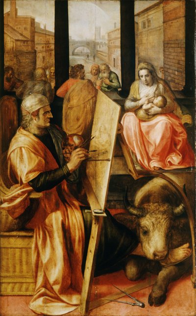 聖母マリアを描く聖ルカ（パネルに油彩） 作： Frans Floris