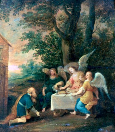 「三人の天使の前に跪くアブラハム」、1581～1642年 作： Frans Francken II