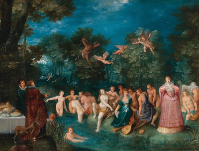 1606年頃、クワガタ狩りを背景に水浴びをするダイアナとニンフたち。 作： Frans Francken the Younger