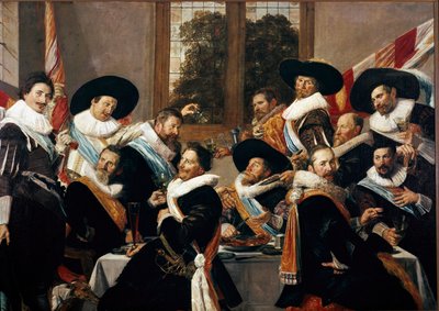 ハーレムのサン・アドリアン隊の士官たちの宴 フランツ・ハルス（1580年頃-1666年）の絵画 1627年 Sun.266,5x183 cm ハールレム、フランツ・ハルス美術館、オランダ 作： Frans Hals