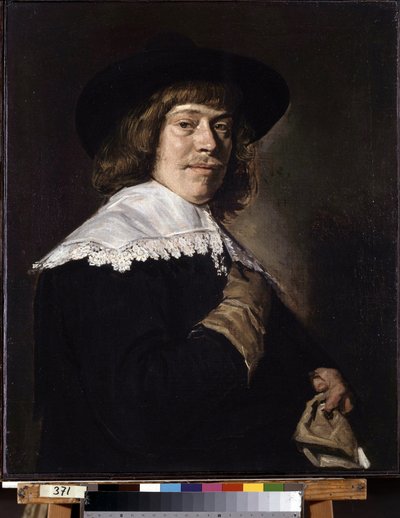 手袋を持った男の肖像画。 手袋を保持している若い男の肖像画。 Frans Hans Hals I (1581-1666) による絵画、1650 年頃。キャンバスに油彩。 オランダの芸術、バロック様式。 エルミタージュ美術館、サンクトペテルブルク。 作： Frans Hals