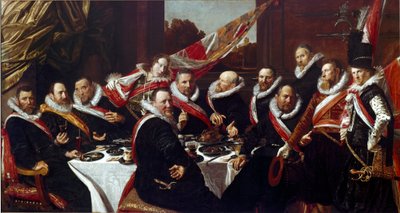 ハーレムの聖ゲオルギウスの弓兵隊の士官たちの宴 フランツ・ハルス（1580年頃～1666年）の絵画 1616年 日。170 x 120 cm ハールレム、フランツ・ハルス美術館、オランダ 作： Frans Hals