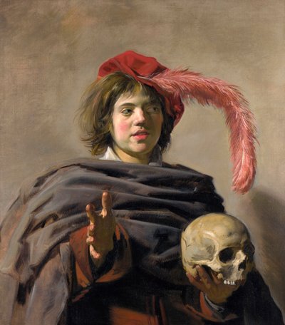 頭蓋骨バニタス、1627年を保持している若い男 作： Frans Hals
