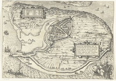 カールト・ヴァン・ヘット・アイランド フォルネ・エン・プラッテグロンド・ヴァン・ブリーレ、1572年 ブリリウム、オランダ opp. 救いの西暦72年の勝利の年に起こったオランダの内戦のために 4月の暑さで、彼はここで有名になりました（オブジェクトのタイトル） 作： Frans Hogenberg
