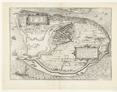 カールト・ヴァン・ヘット・アイランド フォルネ・エン・プラッテグロンド・ヴァン・ブリーレ、1572年 ブリリウム、オランダ opp. 救いの西暦72年の勝利の年に起こったオランダの内戦のために 4月の暑さで、彼はここで有名になりました（オブジェクトのタイトル） 作： Frans Hogenberg