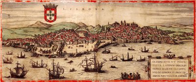 タウンズワールドからのリスボンとテージョ川の眺め、1572年 作： Frans Hogenberg