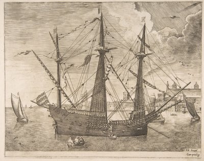 3人の武装した武装した帆船からの都市近くのアンカー。 1555-56。 作： Frans Huys