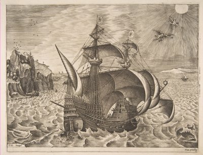 1561-65年の帆船からの空のダイダロスとイカルスの武装した3マスター。 作： Frans Huys