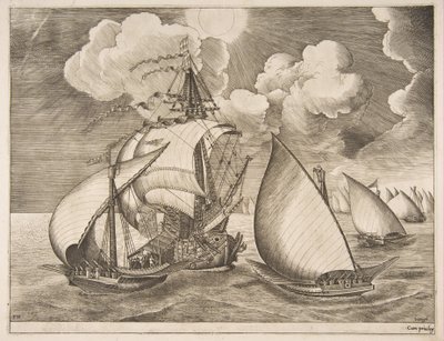 1561-65年の帆船からのカラベルによって護衛されたギャレー艦隊。 作： Frans Huys