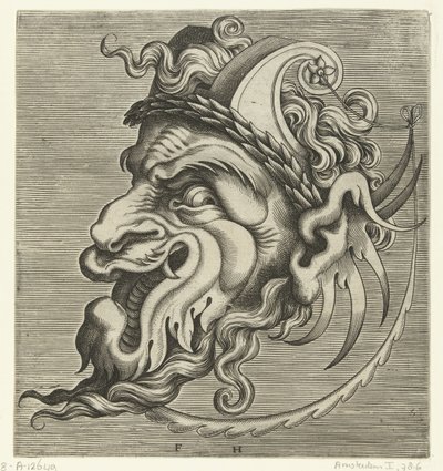 2 つの渦巻き状の角と月桂樹の花輪を持つ横顔の仮面 Pourtraicture ingenious de plusieurs facons de masques… (シリーズタイトル) 作： Frans Huys