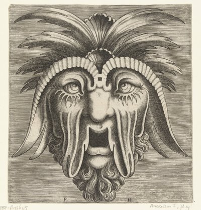 ぶら下がって開いた歯のない口、垂れ下がった頬と頭頂部のマスク Pourtraicture ingenious de plusieurs facons de masques… (シリーズタイトル) 作： Frans Huys