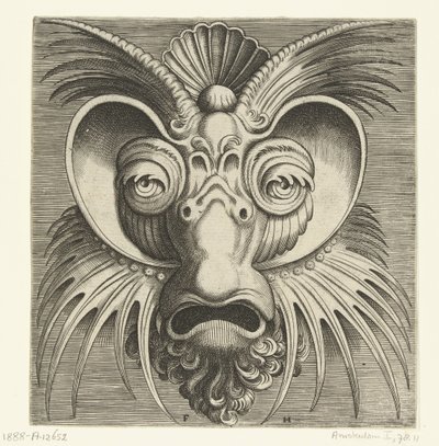 目の周りにソーサーがあり、頬と額に鋸歯状のトサカがついたマスク Pourtraicture ingenious de plusieurs facons de masques… (シリーズタイトル) 作： Frans Huys