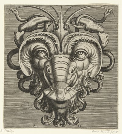 ヘビを保持する 2 つのロブスターの爪を持つマスク Pourtraicture ingenious de plusieurs facons de masques… (シリーズタイトル) 作： Frans Huys