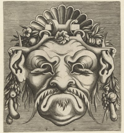 眼窩から 2 匹のヘビが顔を出しているマスク Pourtraicture ingenious de plusieurs facons de masques… (シリーズタイトル) 作： Frans Huys