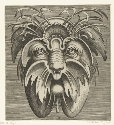 たるんだ頬と口ひげのあるマスク、髪には草 Pourtraicture ingenious de plusieurs facons de masques… (シリーズタイトル) 作： Frans Huys