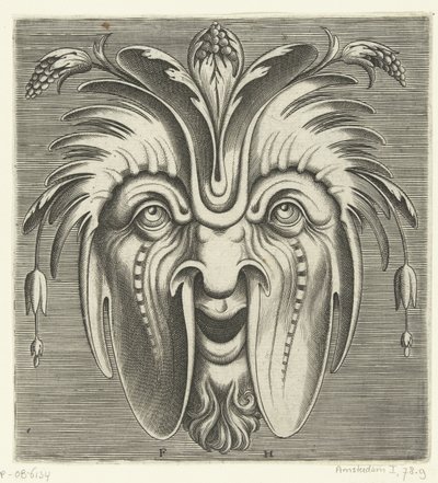 垂れ下がった頬とベリーの房が髪に付いたマスク Pourtraicture ingenious de plusieurs facons de masques… (シリーズタイトル) 作： Frans Huys