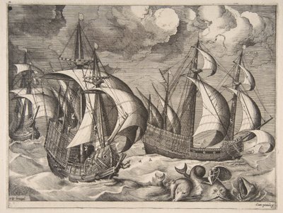 1561〜65年の帆船のイルカに乗った、アリオンと一緒に上昇するスコールの3つのカラベル。 作： Frans Huys