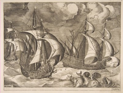 1561〜65年の帆船のイルカに乗った、アリオンと一緒に上昇するスコールの3つのカラベル。 作： Frans Huys