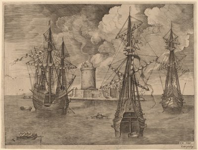 灯台のある要塞島付近に停泊するフォーマスター（左）とスリーマスター2隻 作： Frans Huys after Pieter Bruegel the Elder