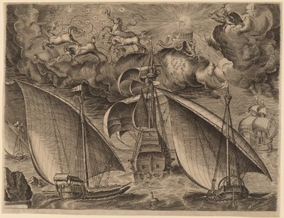 空にファエトンとジュピターがいる武装したスリーマスターの後ろにある 2 つのガレー船 作： Frans Huys after Pieter Bruegel the Elder