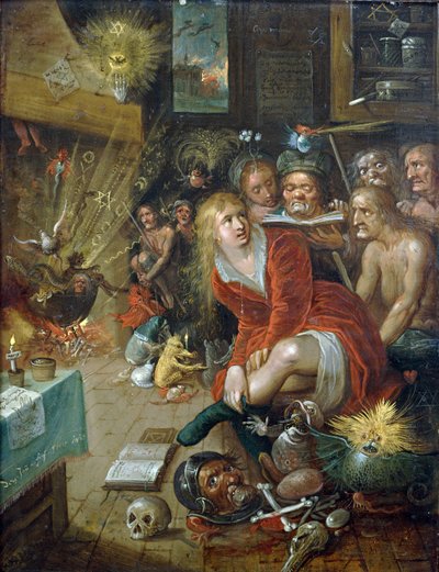 魔女の台所」フランケン（1581-1642年）の作品。銅に油彩、サイズ：28x22、1604年頃、個人蔵 作： Frans II Francken
