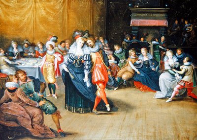 宴の風景」（パネルに油彩、金のハイトニング） 作： Frans II the Younger (attr. to) Francken