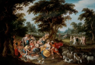 アルカディア：羊飼いと女羊飼いがピクニックする牧歌的な風景 作： Frans II the Younger Francken