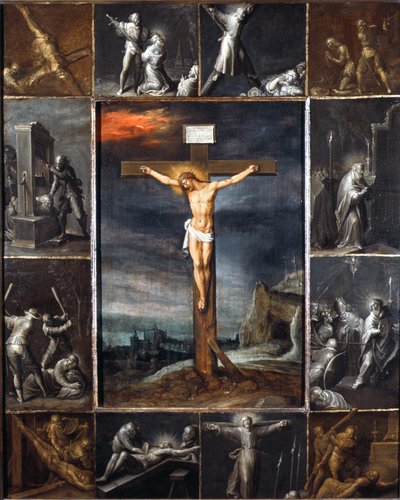 使徒の殉教の場面に包まれた十字架につけられたキリスト 作： Frans II the Younger Francken