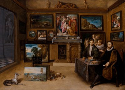 ユストゥス・リプシウスと2人のコンシェルジュとコレクターズ・キャビネットの内部 作： Frans II the Younger Francken