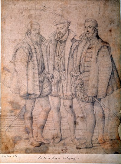 3人のコリニーの肖像。オデ枢機卿（1515-1571）、ガスパール（1517-1572）、フランス提督、フランソワ（1521-1569）、アンデロー領主。フランソワ(フランツ)・プールブス・ラ・エイヌ(1545-1581)の作とされるデッサン(ec.flam.) 16世紀 パリ、B.N. 作： Frans I Pourbus