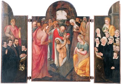 トリプティク：中央の区画でのラザロの起き上がり、左翼にセントジェイコブと彼の息子たちが贈った、男性のドナーがひざまずいて、右翼にセントキャサリンとその娘たちがひざまずいて 作： Frans I Pourbus