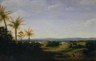 ポルトガルの住居、教会、カサグランダ、ヴァルゼア川を越えたブラジルの風景 作： Frans Post
