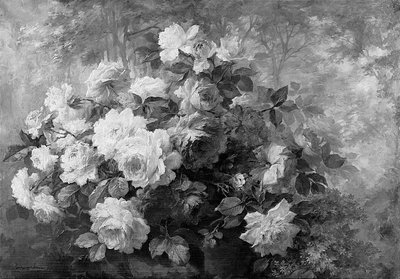 樹木が茂った風景の中のバラの束（キャンバスに油彩） 作： Frans Mortelmans
