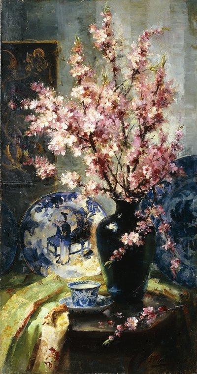 テーブルの上のリンゴの花と青と白の磁器 作： Frans Mortelmans