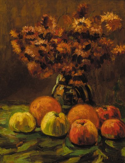 リンゴ、オレンジ、テーブルの上の花の花瓶（パネルに油彩） 作： Frans Mortelmans