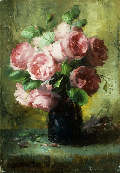 花瓶のピンクのバラ 作： Frans Mortelmans