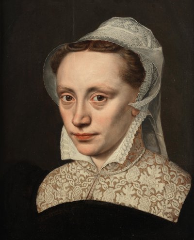 白いレースの襟とヘッドドレスをつけた黒い衣装の女性の肖像（胸までの長さ 作： Frans Pourbus the Elder