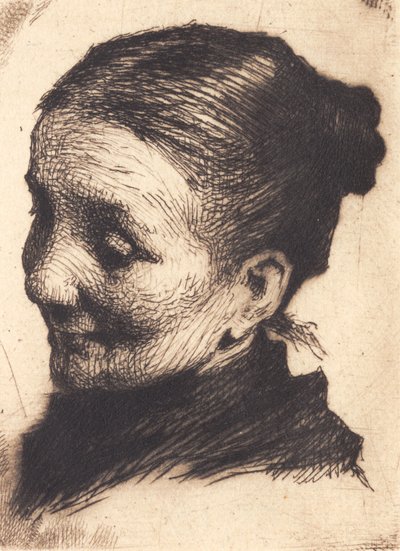 左向き、下を向く年配の女性の頭 作： Frans Schwartz