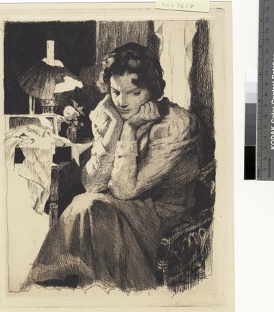ランプのそばで両手で頭を支えている少女 作： Frans Schwartz