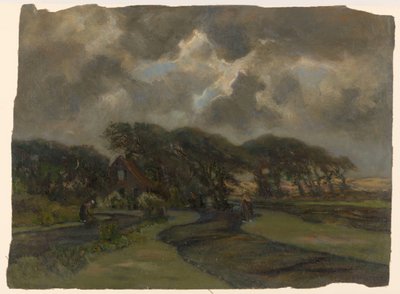木の端にあるコテージと漁網を持つ女性 作： Frans Alexander Evert Lodewijk Smissaert